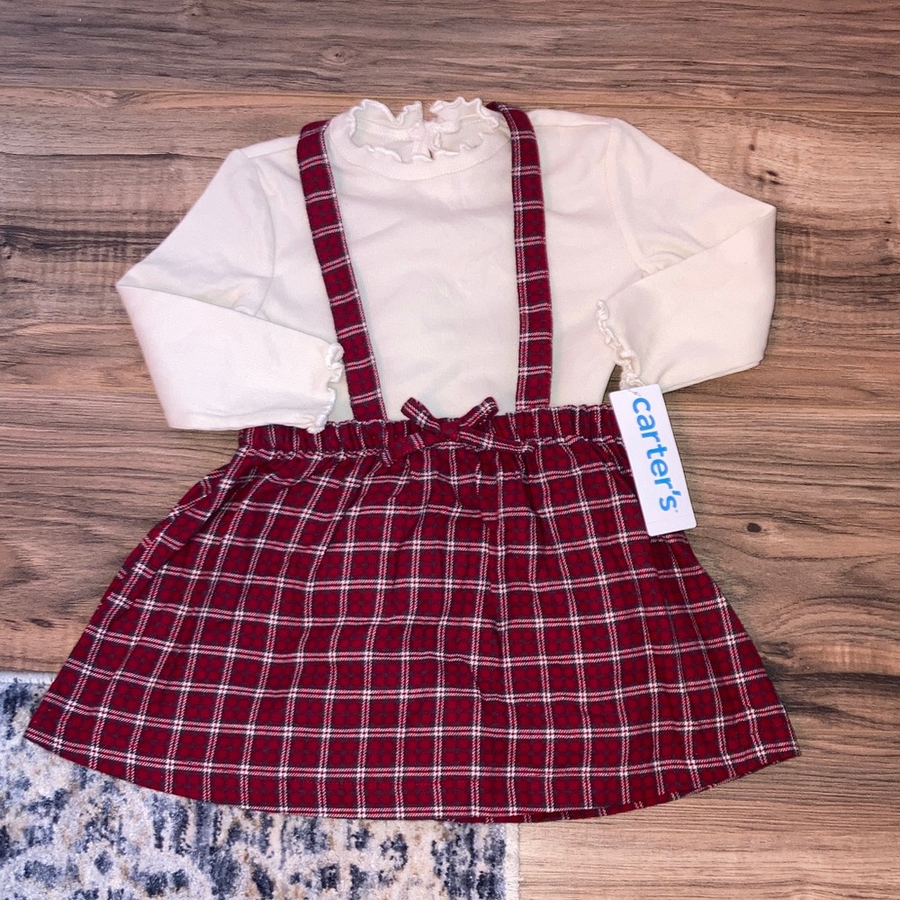 #110. 🆕 NWT - Carter's Red Plaid Suspender Skirt with Cream Top